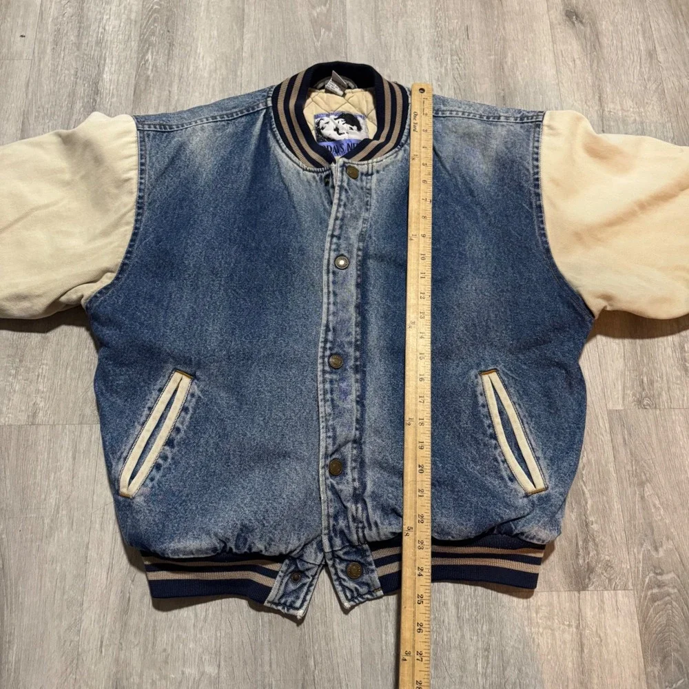 Vintage 90's Denim Varsity Jacket Mens Medium Blue Acid Wash Bomber 90s rapper